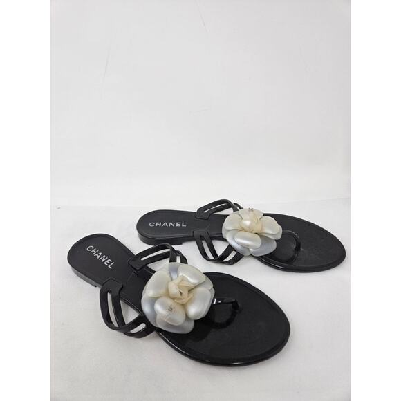 Chanel Black Jelly Camellia Interlocking CC Thong Sandals 39 sz - Picture 2 of 8